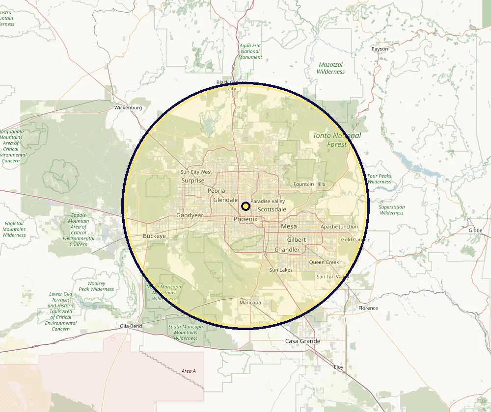 Map of the Phoenix metro area showing our 40-mile service radius, centered at Central Avenue and Camelback Road
